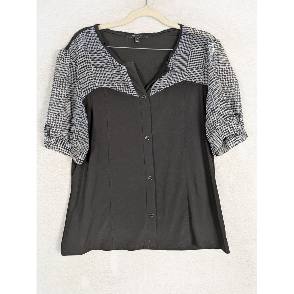 Atelier 29 Blouse Women's Large Black Houndstooth Sheer Mixed Media Button Up